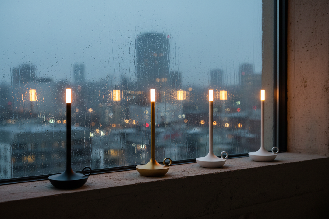aluminum touch candle lamp gold black white three colors stone windowsill rainy night cinematic