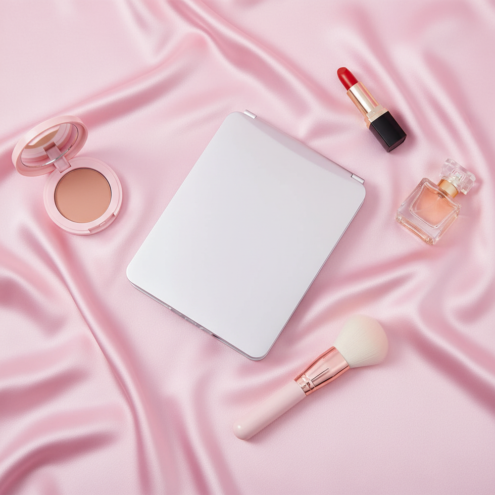 Flat lay of slim white LED makeup mirror with lipstick, perfume and makeup brushes on pink satin background