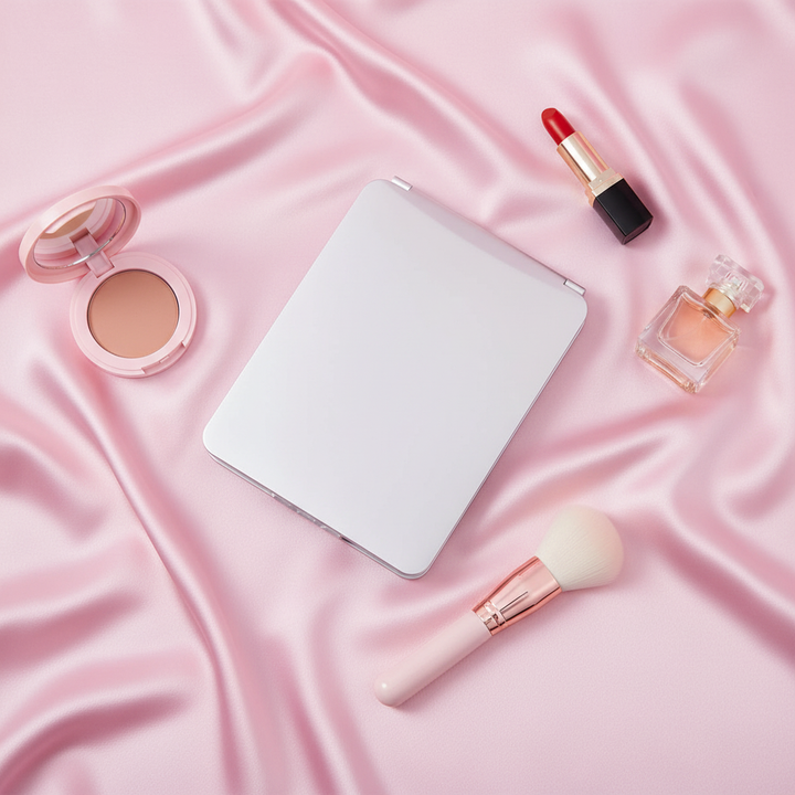 Flat lay of slim white LED makeup mirror with lipstick, perfume and makeup brushes on pink satin background