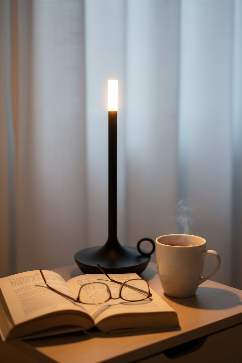 silver aluminum touch candle lamp bedroom nightstand close-up book tea cup Nordic hygge atmosphere