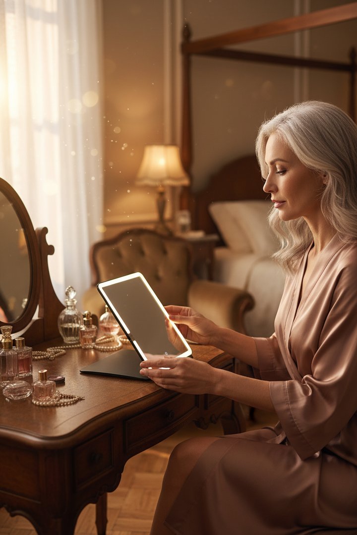 Elegant silver-haired woman placing a white LED makeup mirror on a vintage wooden dressing table