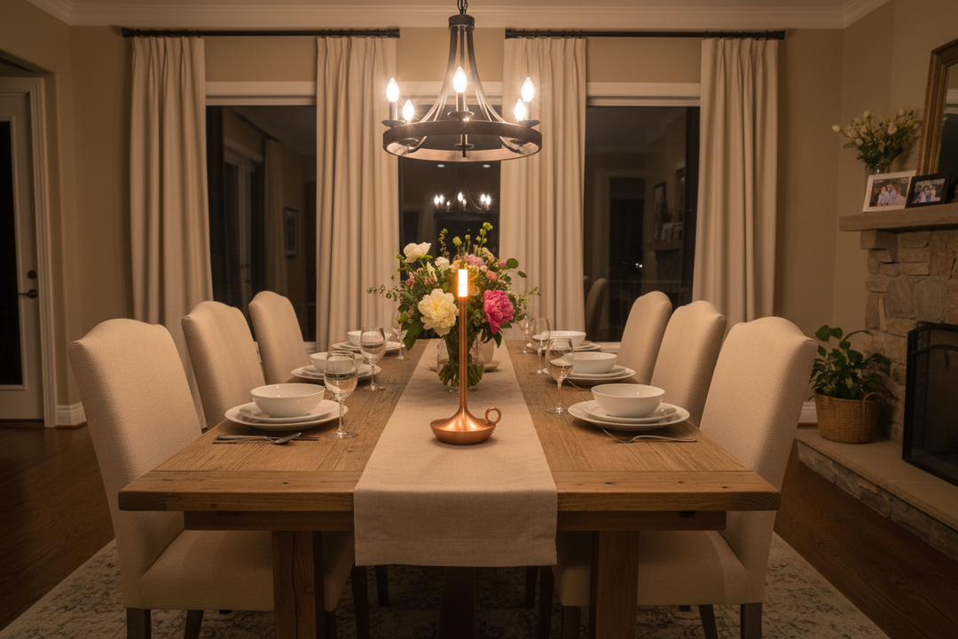 rose gold aluminum touch candle lamp American farmhouse dining table family dinner scene