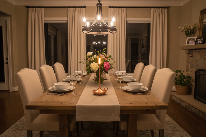 rose gold aluminum touch candle lamp American farmhouse dining table family dinner scene