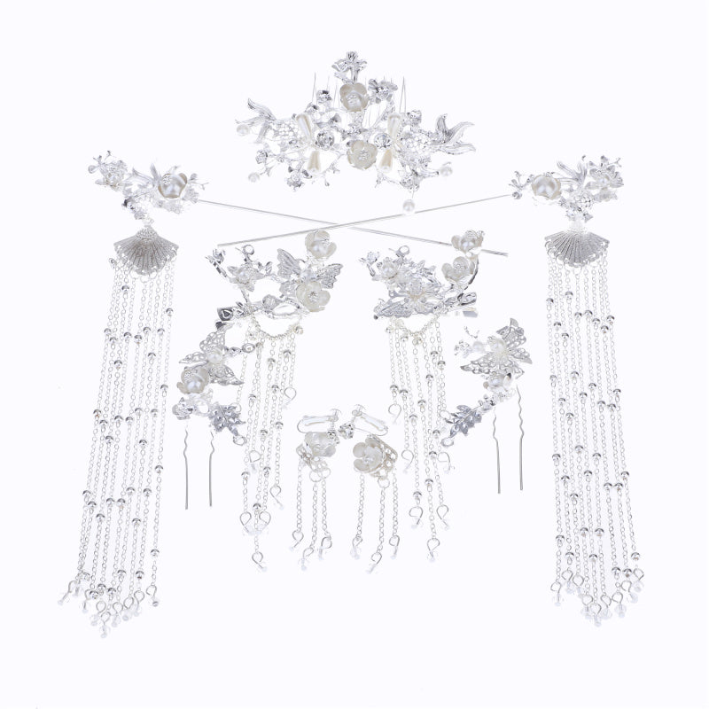 Traditional Hanfu Hairpin Set — Silver Butterfly Alloy with Gems & Tassel Accessories