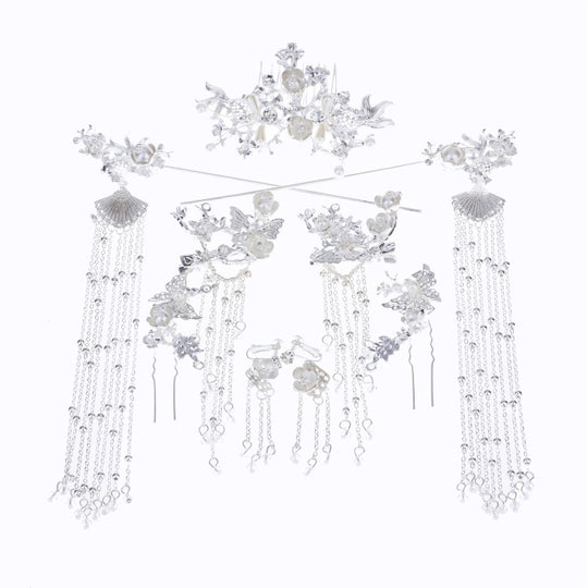 Traditional Hanfu Hairpin Set — Silver Butterfly Alloy with Gems & Tassel Accessories