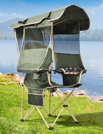Folding Camping Chair with Shade Canopy, Cup Holder & Side Pocket – 330 LBS Capacity