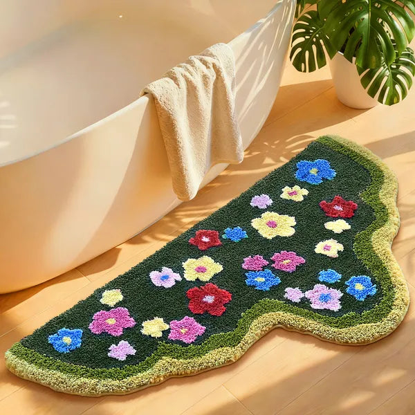 Green Moss Bathroom Runner Rug – Boho Leaf Bath Mat, Non-Slip & Absorbent