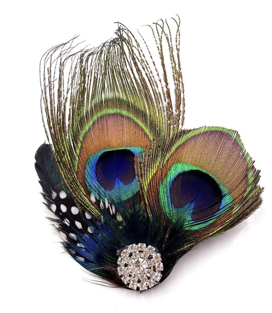 Peacock Feather Hair Clip with Rhinestones | Bridal Wedding & Party Hair Pin