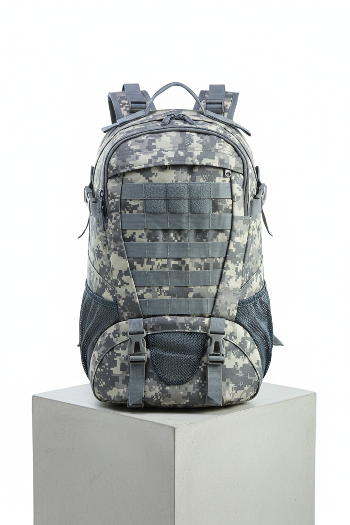 ACU camo backpack white studio