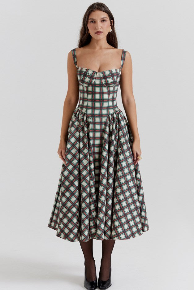 French Style Plaid Summer Dress | Polyester Tartan Dress S–XL in 4 Colors