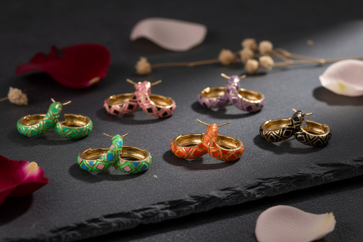 Timmy oil drip huggie earrings - all 5 color combos collection display on dark slate