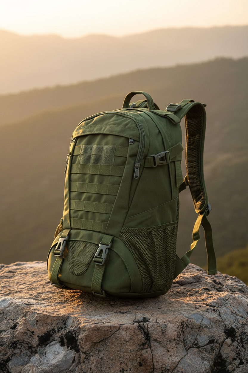 Army green backpack golden hour rock