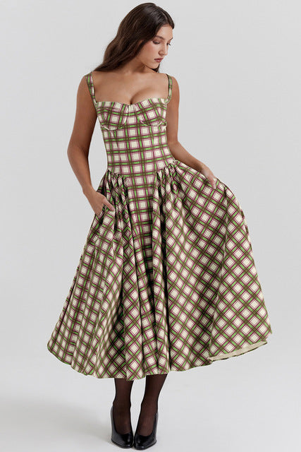 French Style Plaid Summer Dress | Polyester Tartan Dress S–XL in 4 Colors