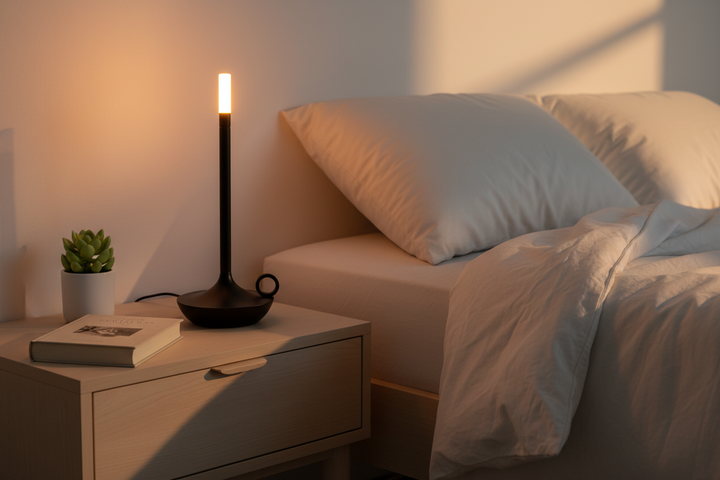 black aluminum touch candle lamp on bedroom nightstand cozy evening atmosphere