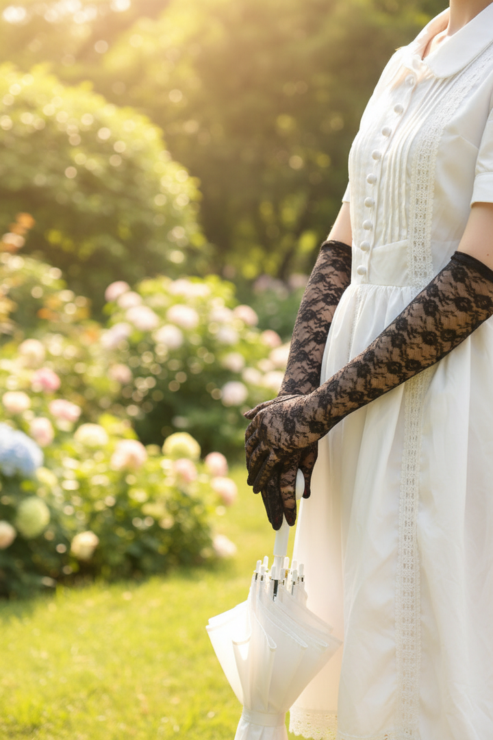 Black lace gloves with parasol outdoor