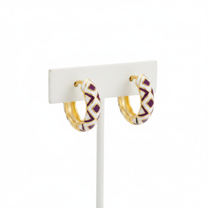 Timmy oil drip huggie earrings - Black Purple enamel hoop earrings on jewelry stand