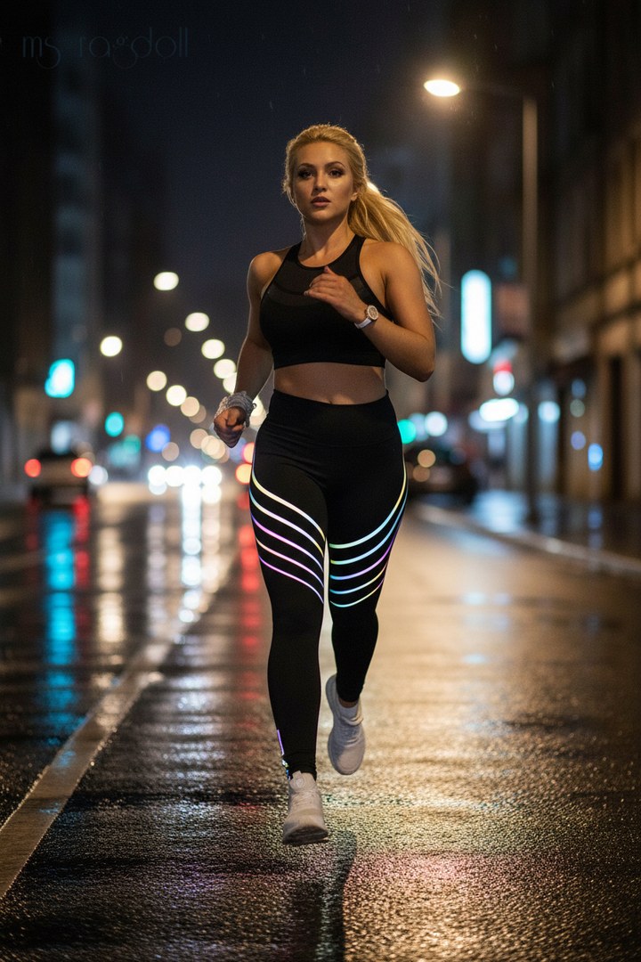 High-waisted reflective leggings black - woman running at night with rainbow holographic arc stripes glowing under streetlights, 9/10 slim fit