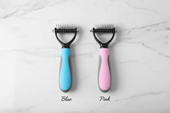 Blue and pink dematting comb color comparison flat lay