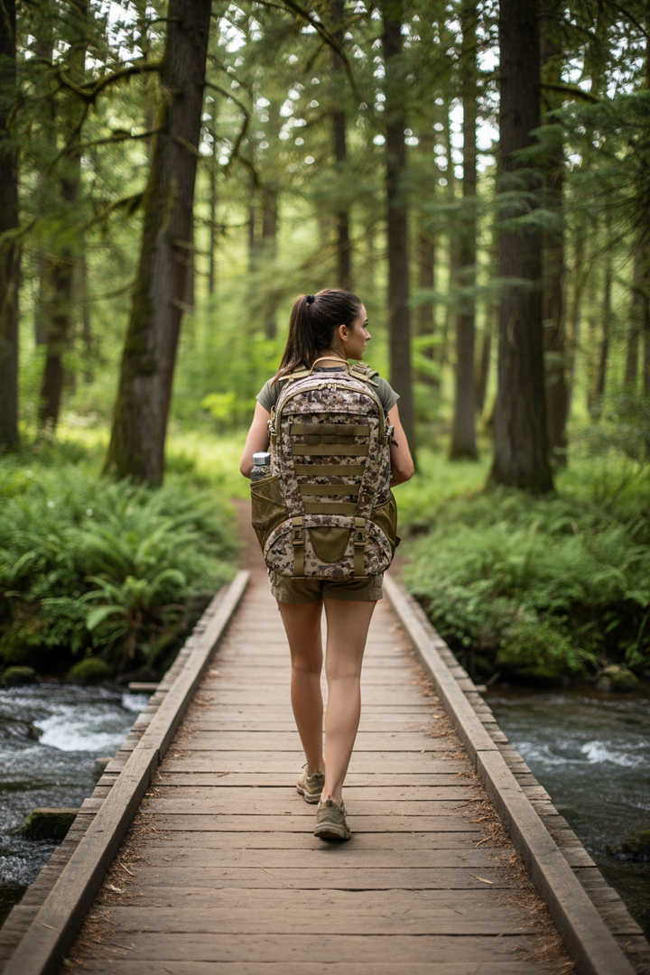 Brunette woman desert camo backpack forest bridge