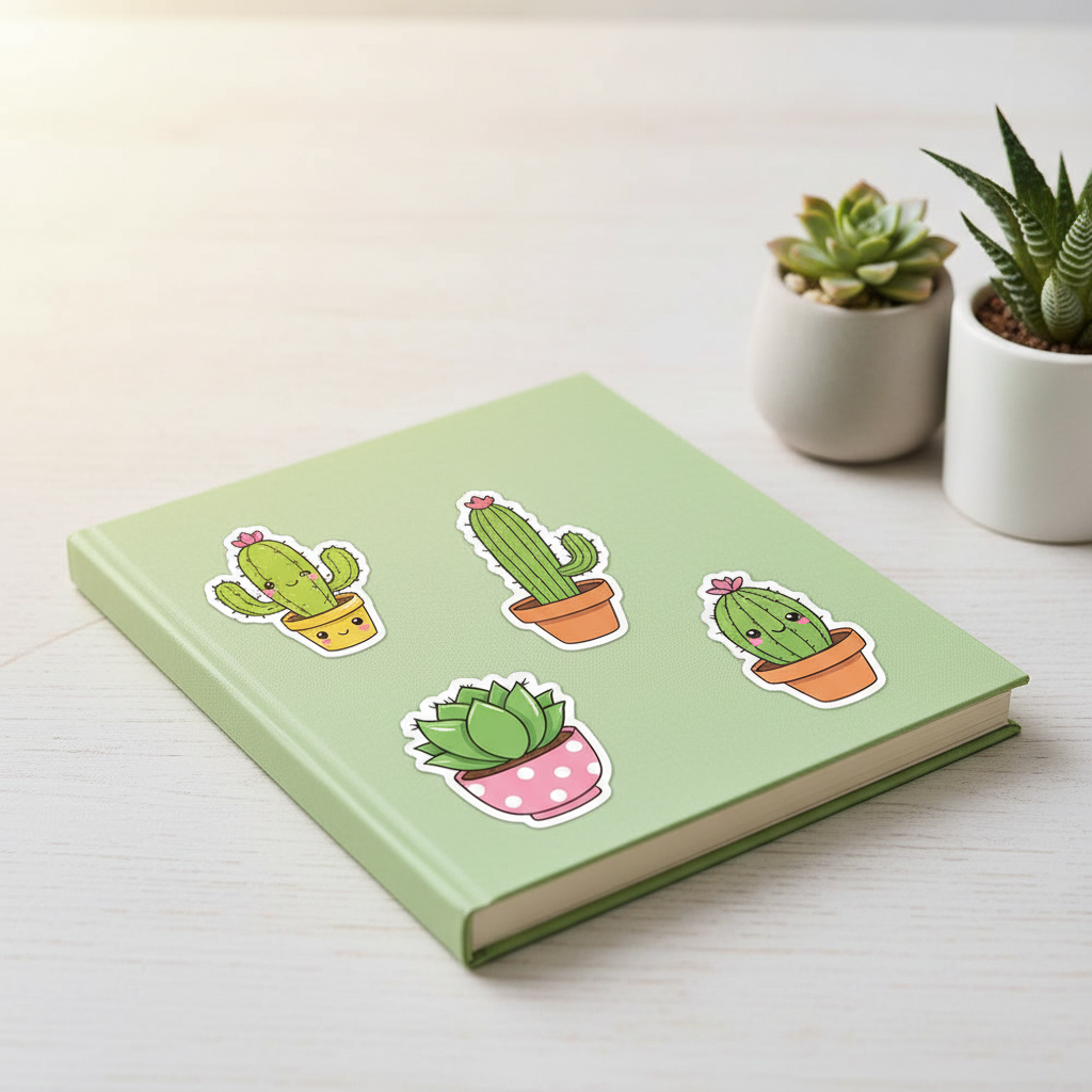 Cactus stickers on green notebook