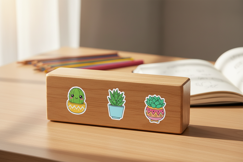 Cactus stickers on wooden pencil case