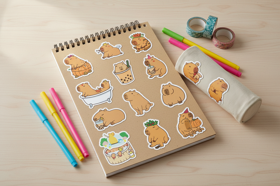 Capybara stickers on notebook and pencil case