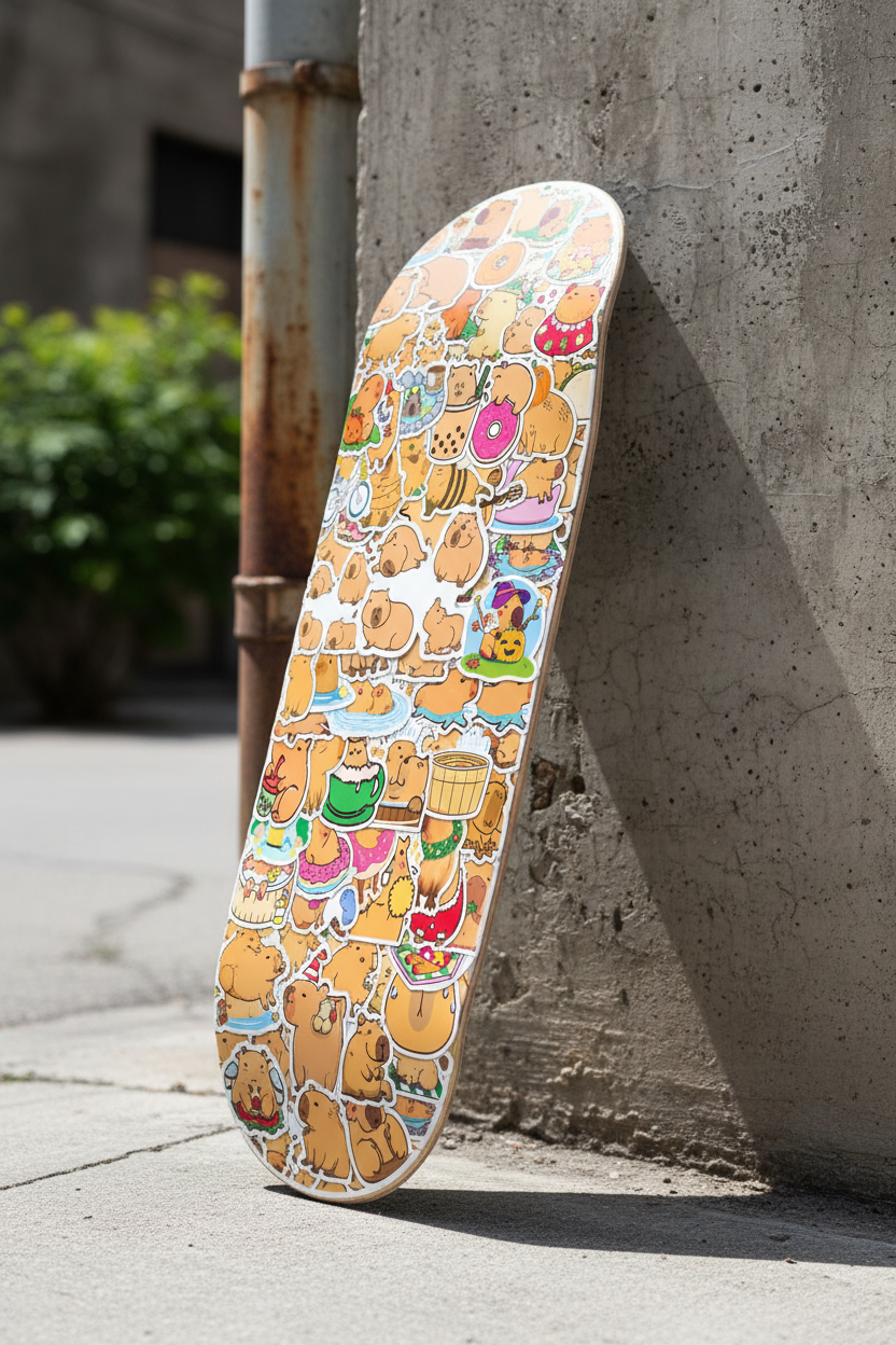 Capybara stickers on skateboard