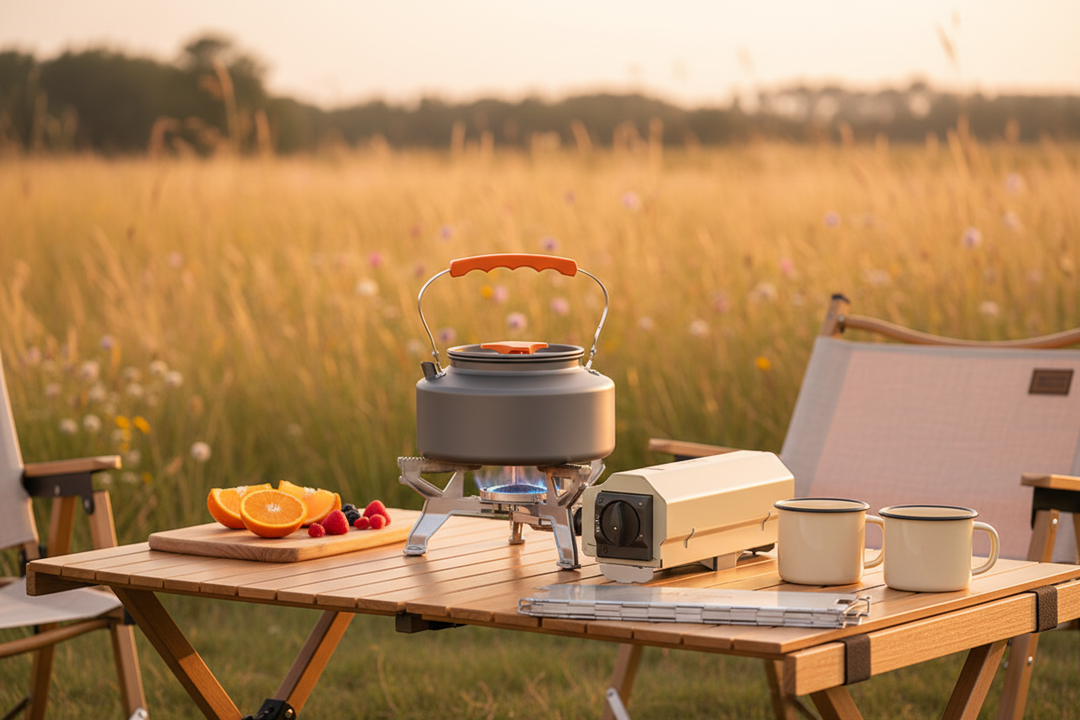 Portable folding cassette camping stove set up at golden hour outdoor picnic with kettle, wind deflector and camping chairs