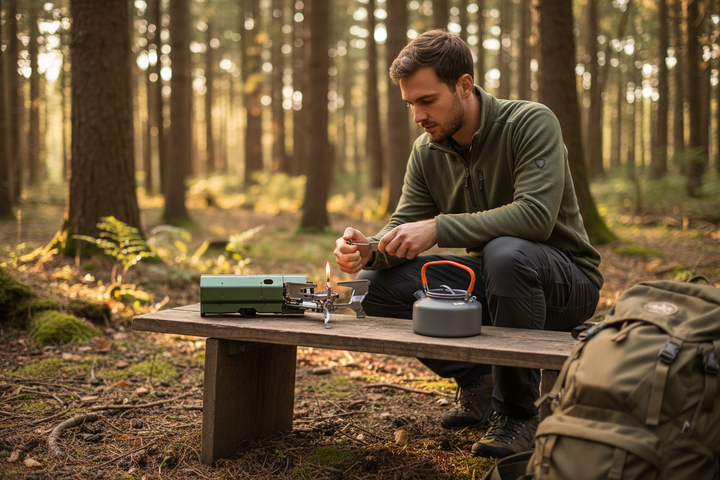 Portable folding cassette camping stove - man lighting army green stove at forest campsite with aluminum kettle beside it