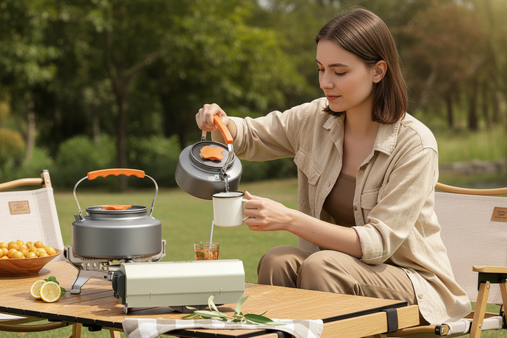 Portable folding cassette camping stove - woman pouring hot water from aluminum kettle with orange handle at outdoor picnic table