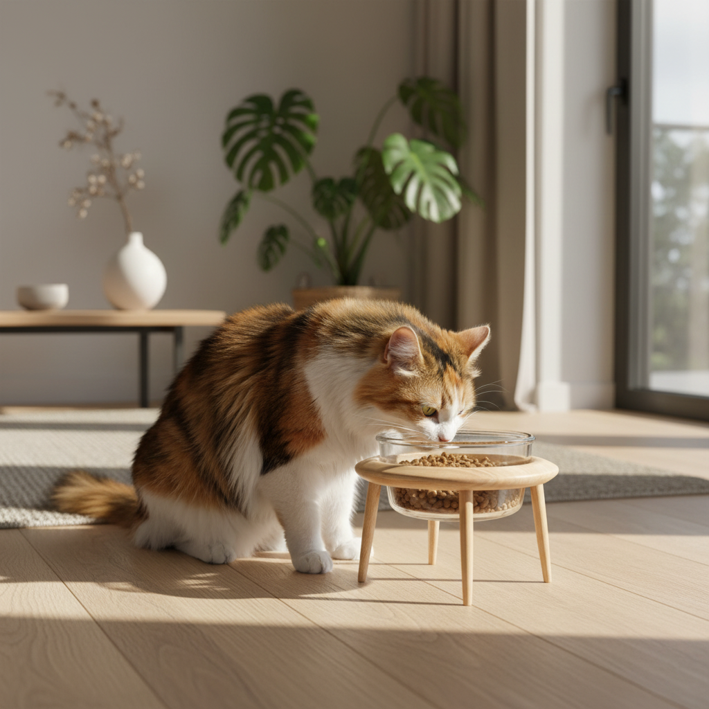 Cat Eating from Wooden Stand