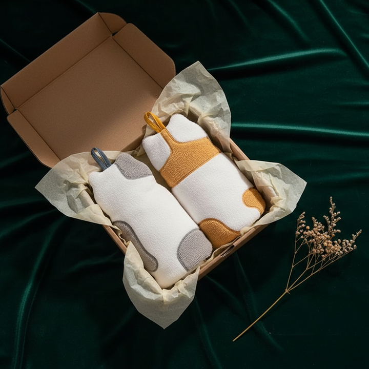 Cat shaped hand towel - grey and yellow tabby set in kraft gift box on dark green velvet background