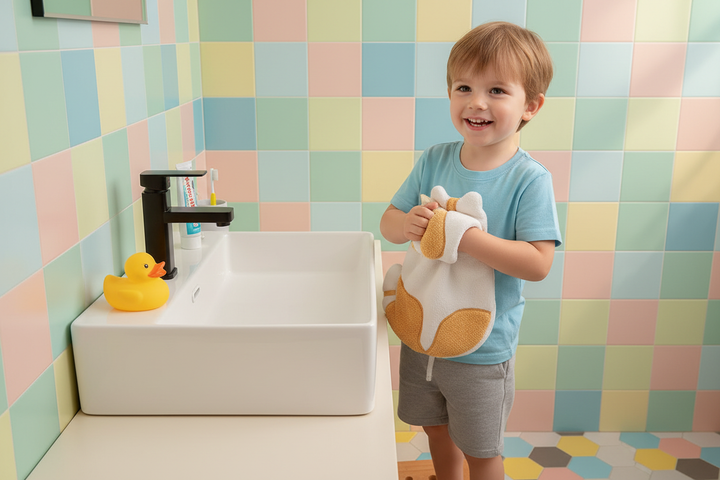 Cat shaped hand towel - yellow tabby, child drying hands in colorful kids bathroom