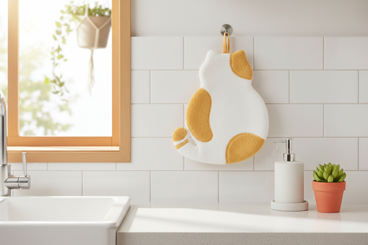 Cat shaped hand towel - yellow tabby hanging on kitchen hook with soap dispenser and plant