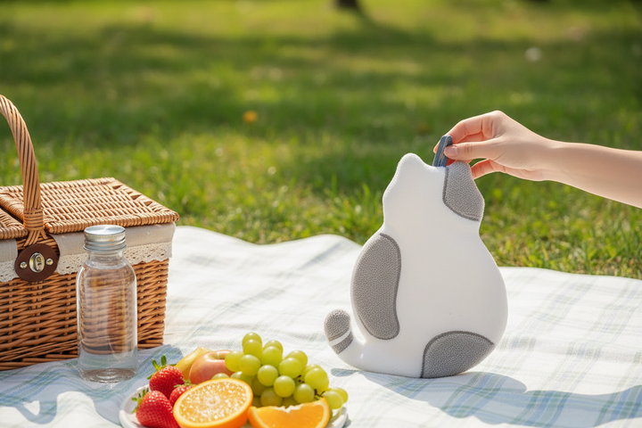 Cat shaped hand towel - grey tabby coral velvet, outdoor picnic scene on grass