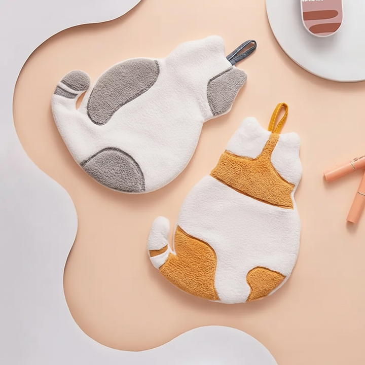 Cat shaped hand towel - grey and yellow tabby coral velvet flat lay, two colors side by side