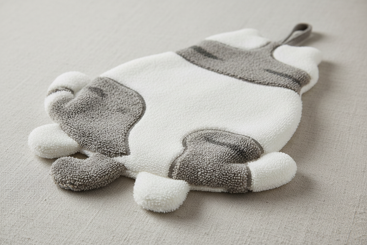 Cat shaped hand towel - grey tabby coral velvet texture close-up, paw bumps and tail detail
