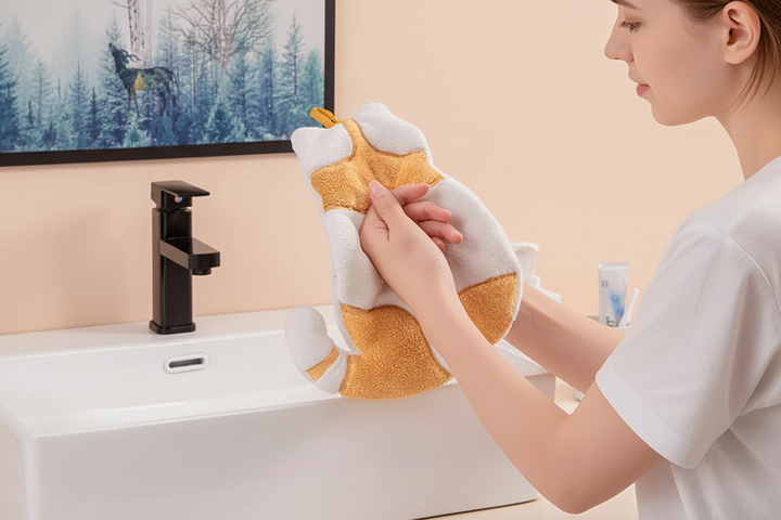 Cat shaped hand towel - yellow tabby coral velvet, woman drying hands at bathroom sink