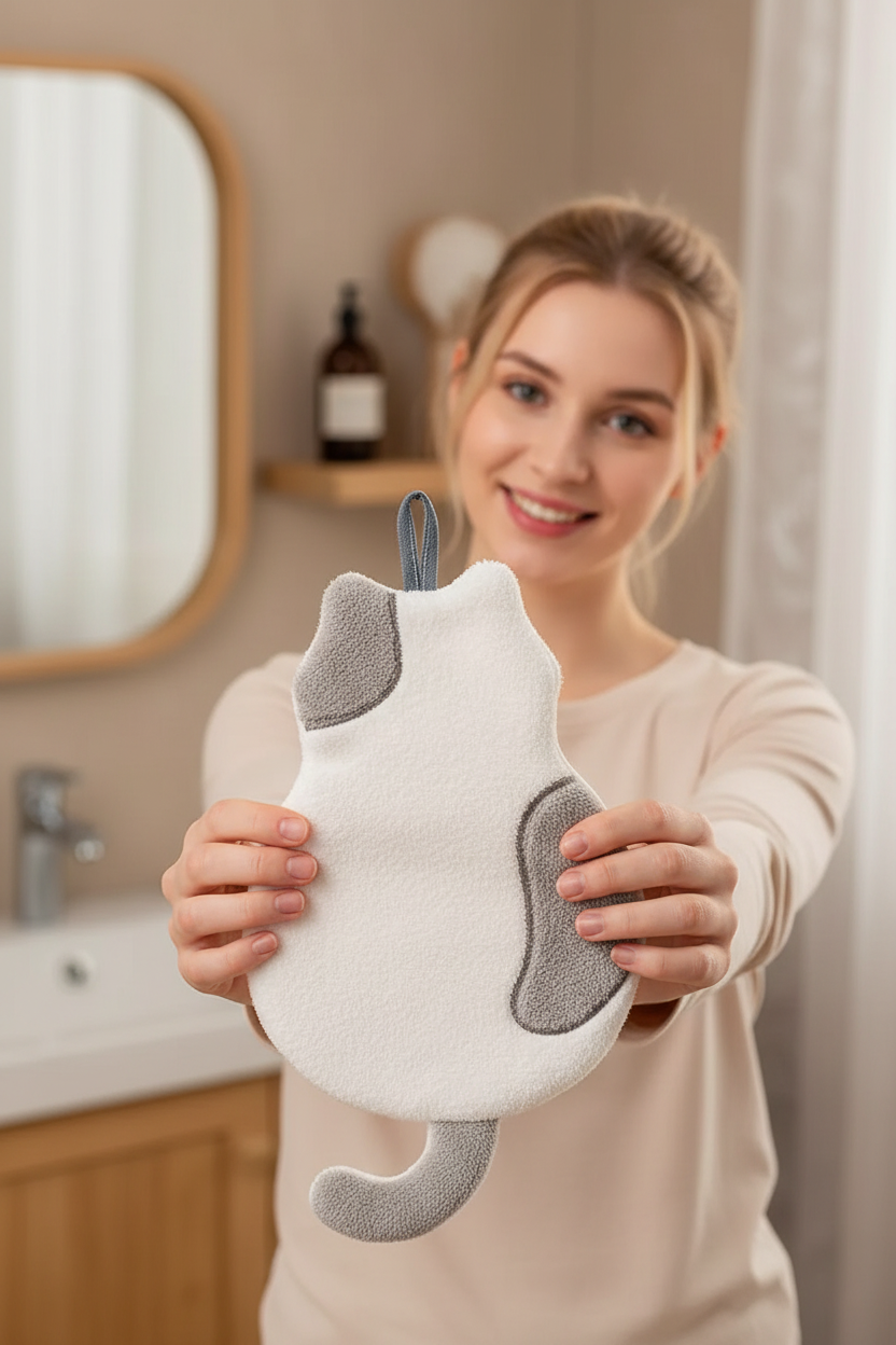 Cat shaped hand towel - grey tabby, woman holding up towel showing cat silhouette shape