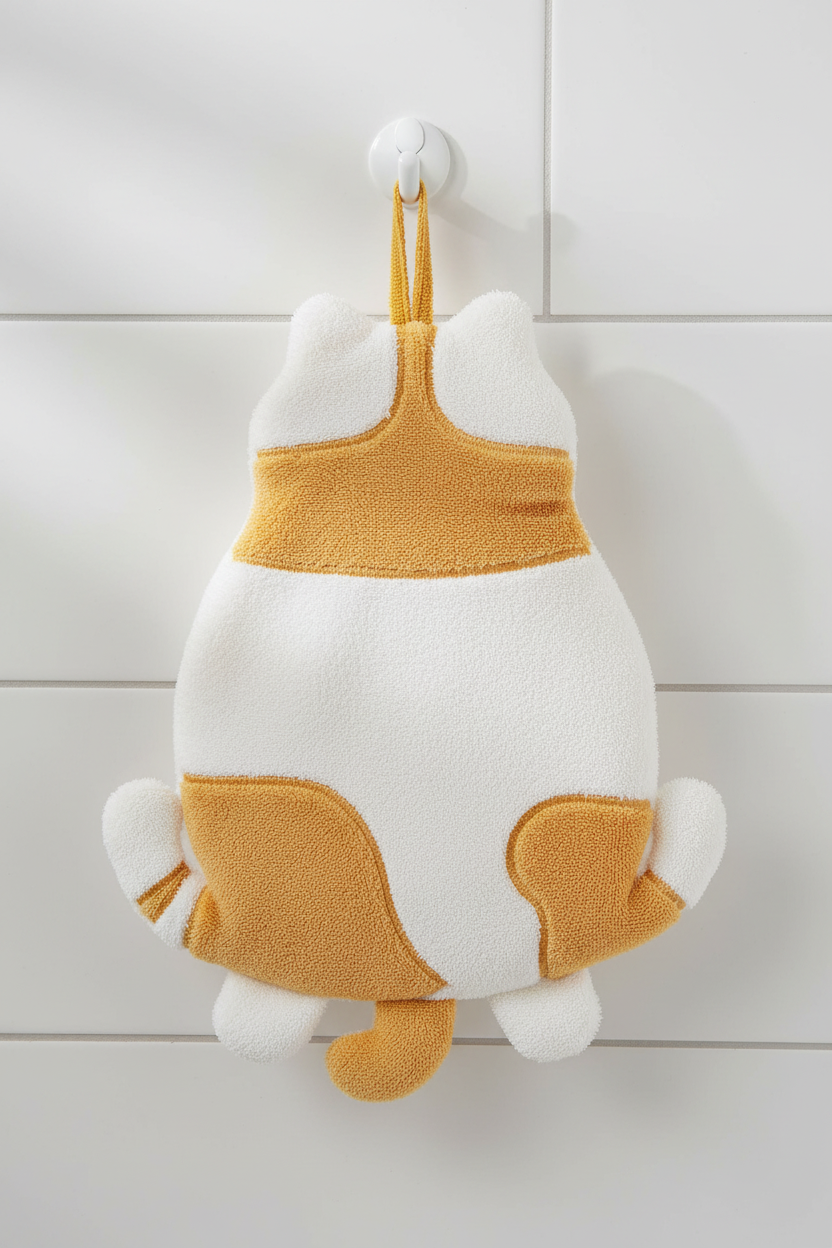 Cat shaped hand towel - yellow tabby hanging on kitchen hook with soap dispenser and plant