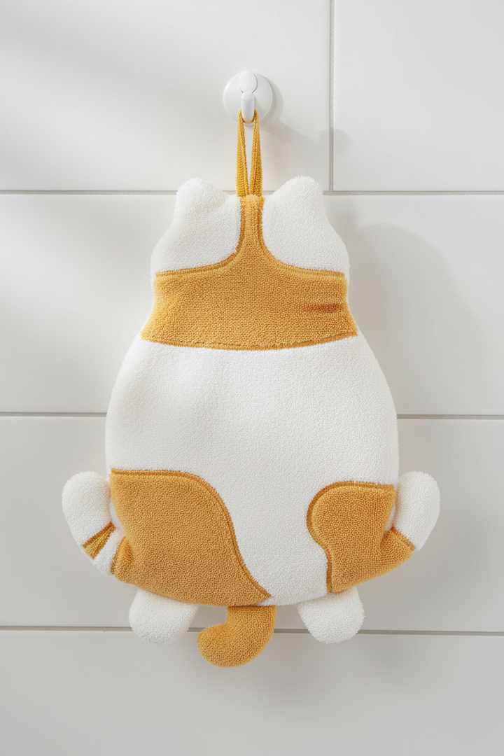 Cat shaped hand towel - yellow tabby hanging on kitchen hook with soap dispenser and plant