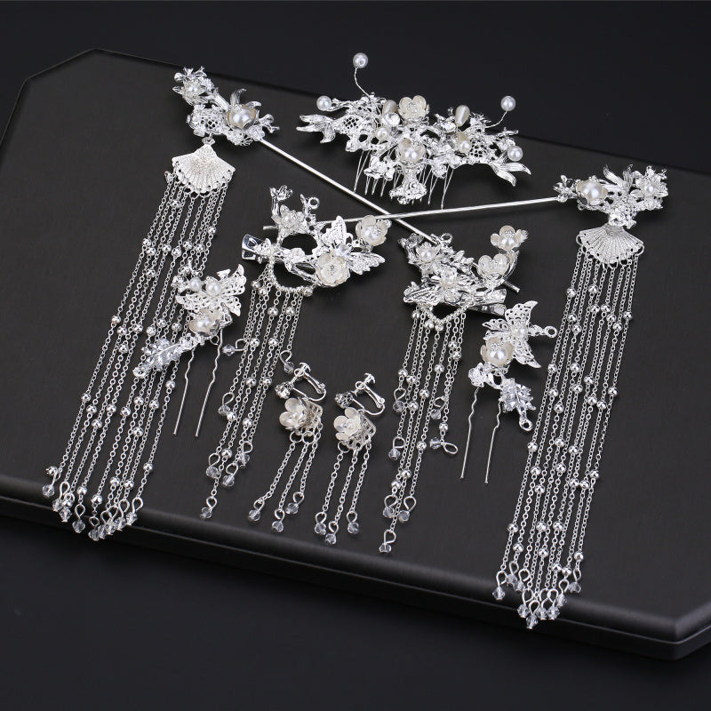Traditional Hanfu Hairpin Set — Silver Butterfly Alloy with Gems & Tassel Accessories