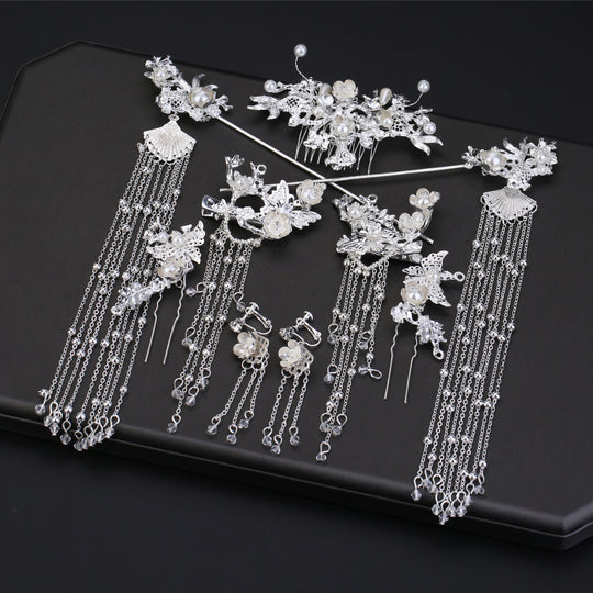 Traditional Hanfu Hairpin Set — Silver Butterfly Alloy with Gems & Tassel Accessories