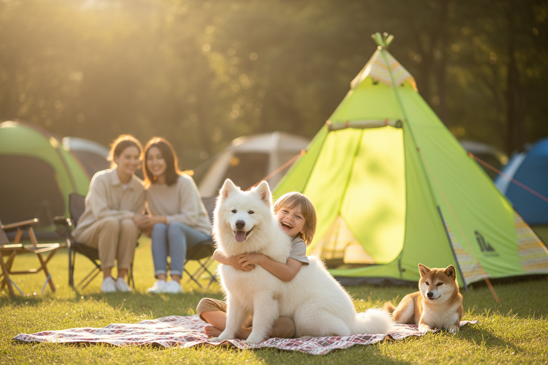 Child Hugging Samoyed Shiba Inu