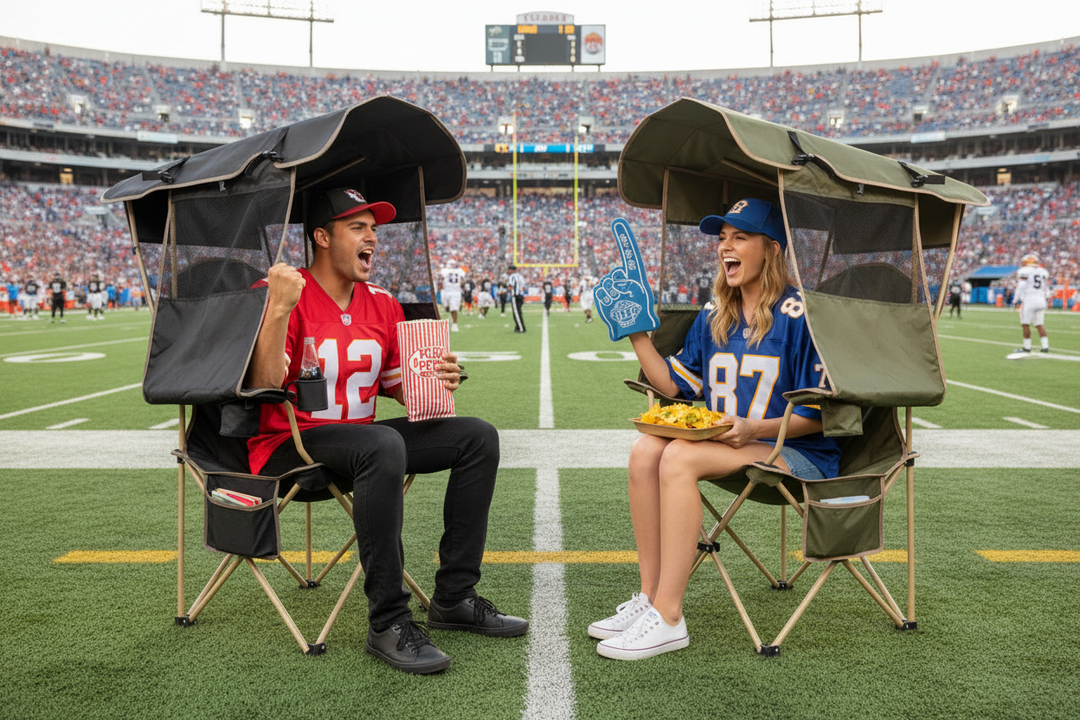Couple watching football game black and green chairs
