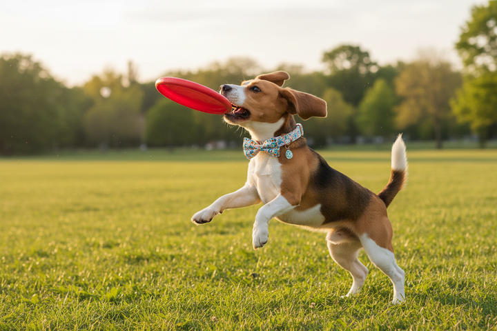Dog collar with detachable bowtie - bunny and egg print, rose gold hardware, Beagle jumping to catch frisbee in park