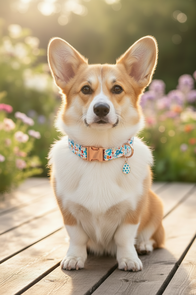 Adjustable cotton dog collar - colorful bunny print with rose gold buckle and polka-dot egg charm, Corgi sitting in flower garden