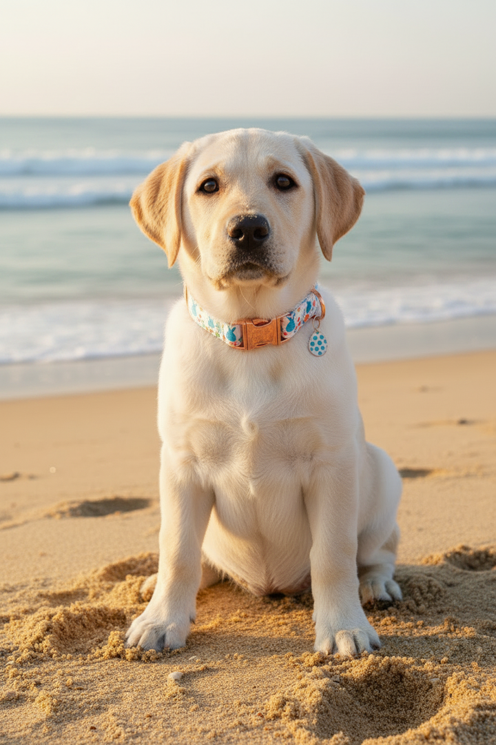 Adjustable dog collar - white cotton with bunny print, rose gold buckle and enamel egg charm, Labrador puppy sitting on beach