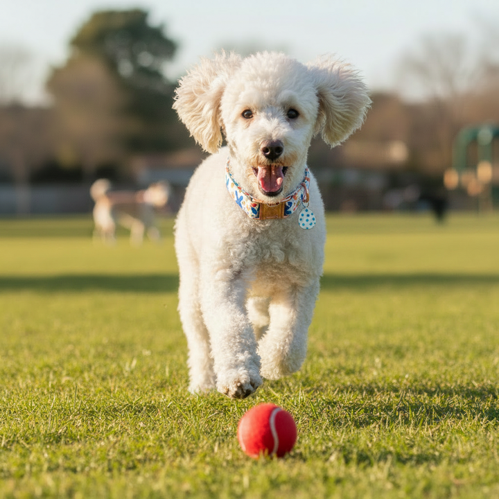 Dog collar with bunny and Easter egg print, rose gold D-ring and enamel charm, white Poodle playing ball outdoors