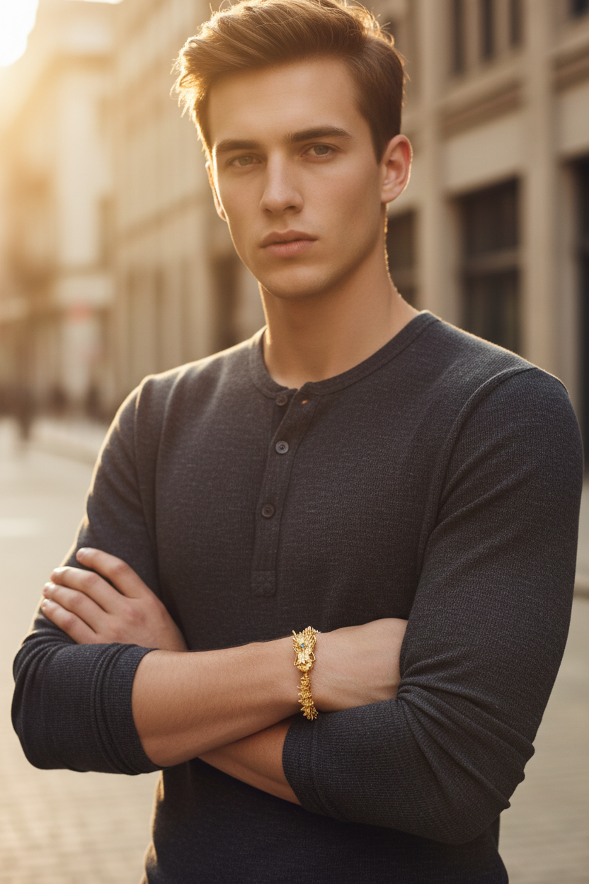 Men wearing gold dragon bracelet - ouroboros cuff bracelet for men in gold